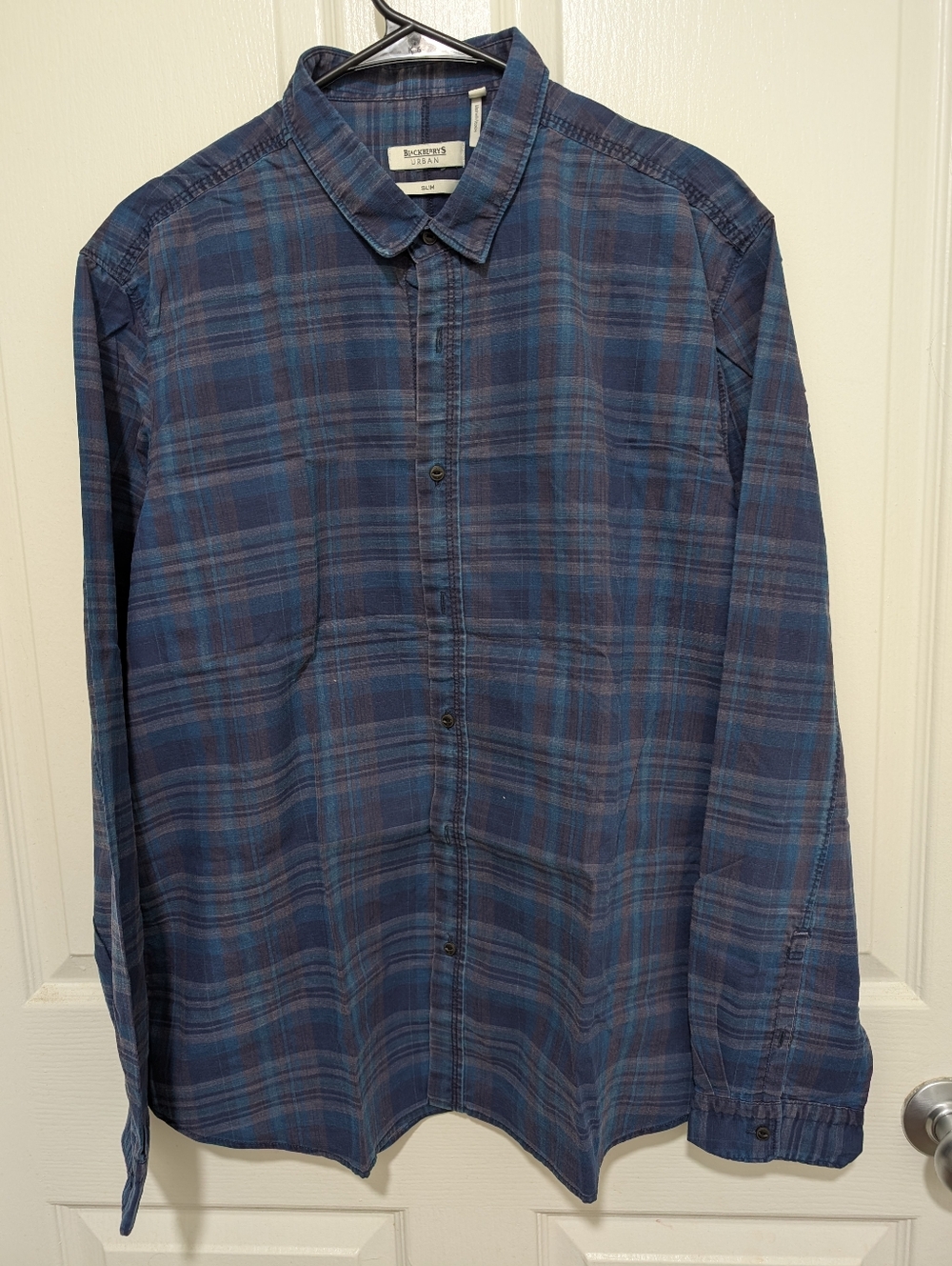 Blackberry Men's Slim Blue Plaid Button-Up Shirt Size 44 Cm